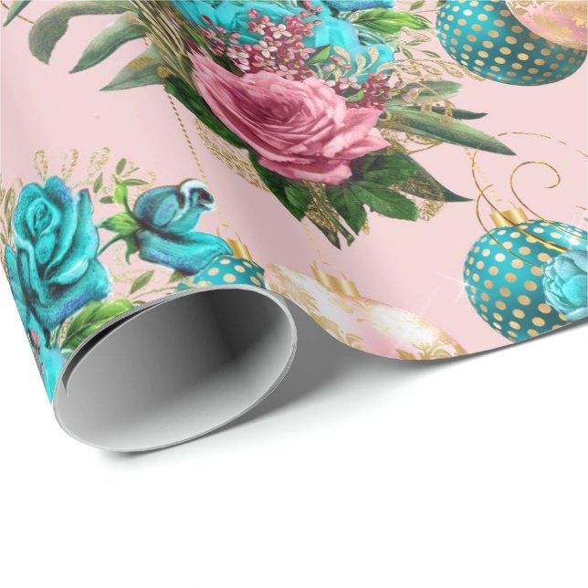 Papier Cadeau Joyeuse Parties scintillant de Noël Bauble or rose (Coin rond)