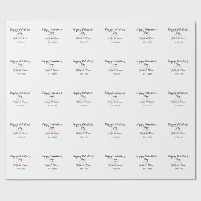 Papier Cadeau Joyeuse Saint-Valentin cœur rose ruban nom date st (Plat)
