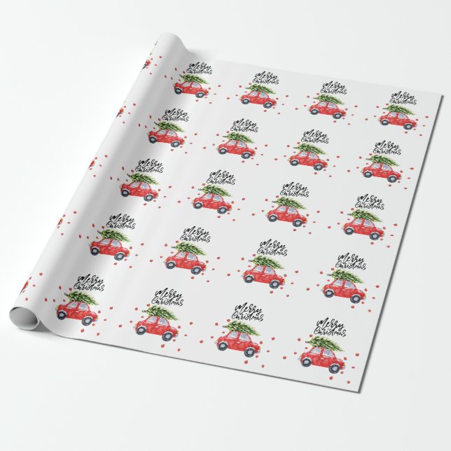 Papier Cadeau Joyeuse voiture rouge de Noël avec sapin de Noël   (Déroulé)