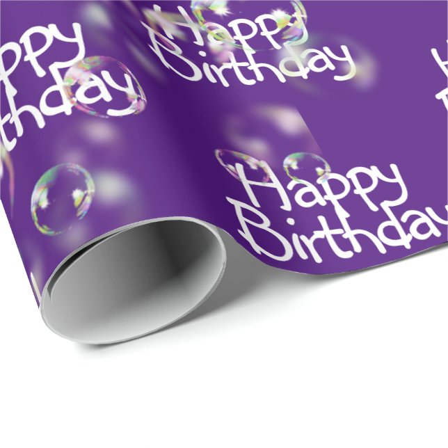 Papier Cadeau Joyeuses bulles d'anniversaire sur violet (Coin rond)
