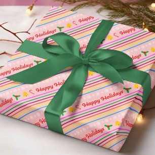 Papier Cadeau Joyeuses Fêtes Bonbons Rose Canne de Noël