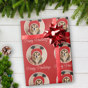 Papier Cadeau Joyeuses Fêtes de Fin d'Année Photo de Chien Rouge
