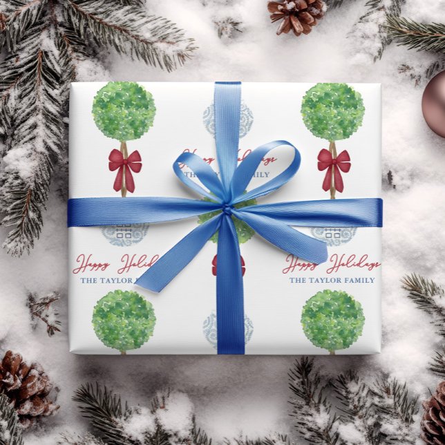 Papier Cadeau Joyeuses fêtes Noël Boxwood Topiary Red Bow (Topiary with red bow in chinoiserie planter Christmas wrapping paper with personalized text)