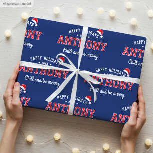 Papier Cadeau Joyeuses Fêtes Nom Noël Chapeau de Père Noël Bleu 