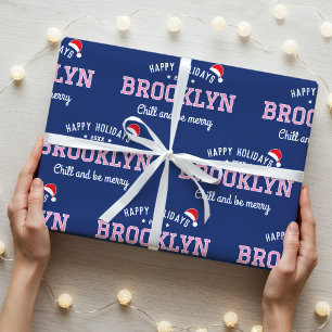 Papier Cadeau Joyeuses fêtes Nom personnalisé Noël Rose Marine