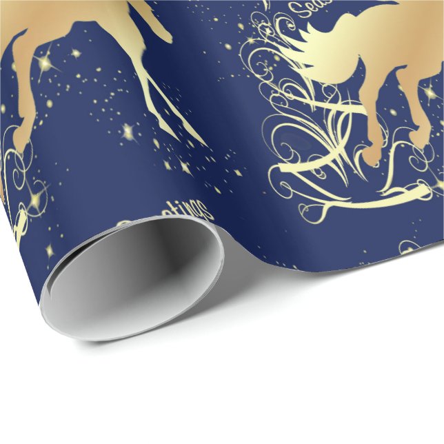 Papier Cadeau Joyeuses Fêtes occidental de cheval d'or de Noël (Coin rond)