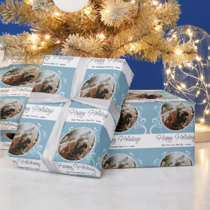 Papier Cadeau Joyeuses Fêtes Photo de Famille au Feuillage Bleu
