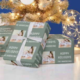 Papier Cadeau Joyeuses Fêtes Photo Personnalisée Noël Vert Sauge
