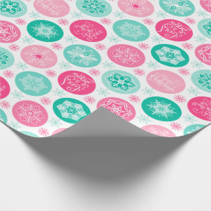 Papier Cadeau Joyeuses fêtes Pink Turquoise Snowflakes