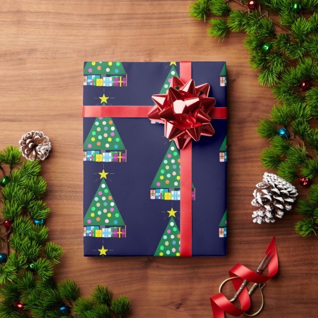 Papier Cadeau Joyeuses Fêtes Sapin de Noël Vert:  Bleu foncé (Cadeau de vacances)