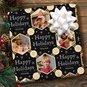 Papier Cadeau Joyeuses fêtes Snowflake Photo Black White Gold