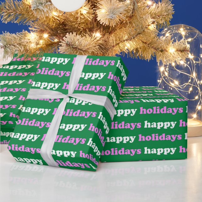 Papier Cadeau Joyeuses Fêtes | Typographie Rose Clair et Vert (Vacances)