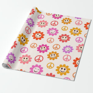Papier Cadeau Joyeuses Fleurs souriantes motif avec des signes d
