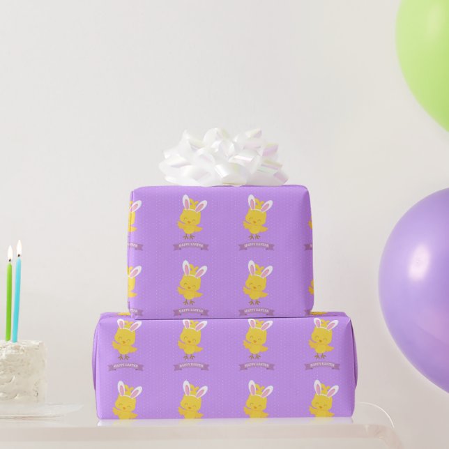 Papier Cadeau Joyeuses Pâques Lapin Oreilles Violet Jaune Mignon (Cadeaux de fête)