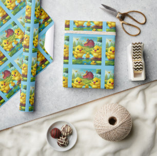 Papier Cadeau Joyeuses Pâques poussins jaunes dans un étang près