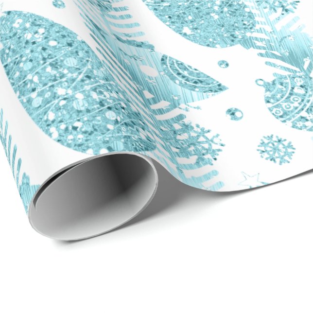 Papier Cadeau Joyeuses vacances Aqua Parties scintillant blanche (Coin rond)