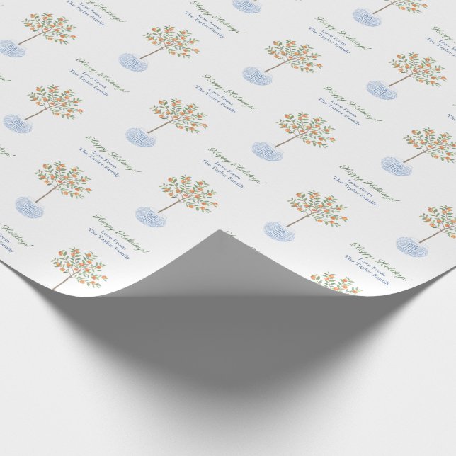 Papier Cadeau Joyeuses vacances Aquarelle Citrus Arbre Chinoiser (Coin)