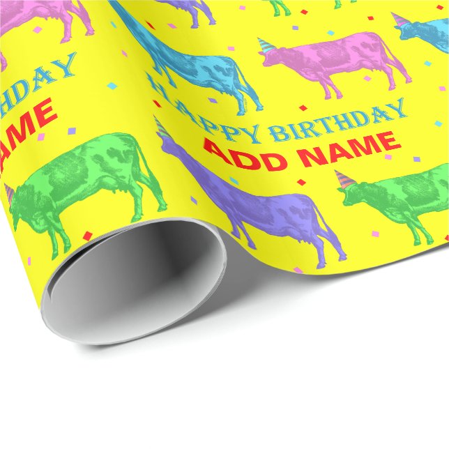 Papier Cadeau Joyeuses vaches d'art pop d'anniversaire (Coin rond)