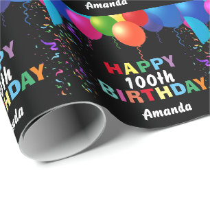Papier Cadeau Joyeux 100e anniversaire Ballons colorés Noir