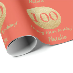 Papier Cadeau Joyeux 100e anniversaire Coral Orange and Gold Par