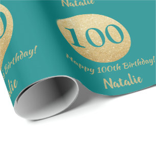 Papier Cadeau Joyeux 100e anniversaire Turquoise et Parties scin