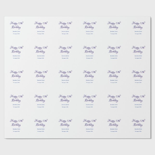Papier Cadeau joyeux 12ème anniversaire bleu rose nom date simpl (Plat)