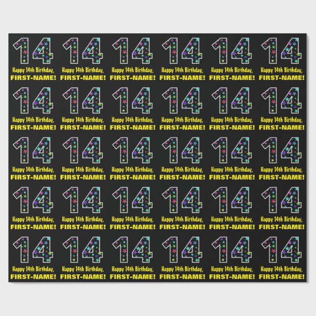 Papier Cadeau Joyeux 14e anniversaire, Fun Colorful Stars Motif  (Plat)