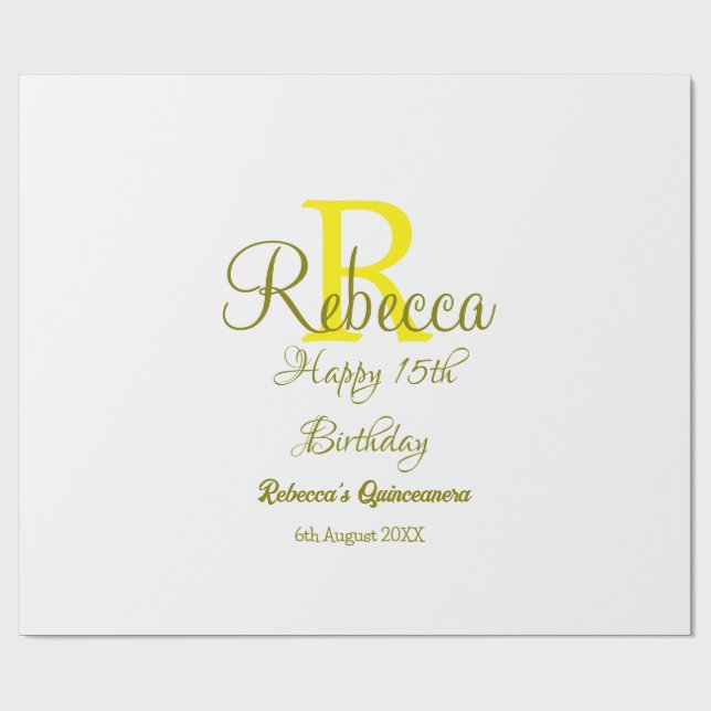 Papier Cadeau Joyeux 15e anniversaire jaune ajouter nom monogram (Plat)