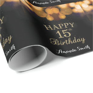 Papier Cadeau Joyeux 15e anniversaire Parties scintillant Noir e