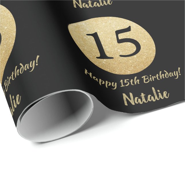 Papier Cadeau Joyeux 15e anniversaire Parties scintillant Noir e (Coin rond)
