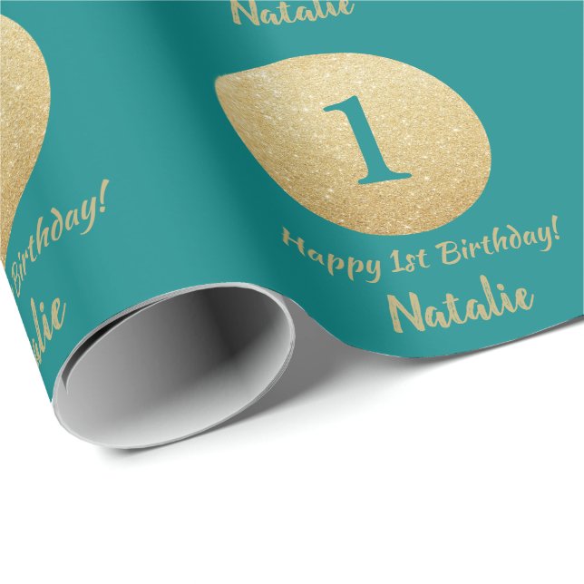 Papier Cadeau Joyeux 15e anniversaire Turquoise et Parties scint (Coin rond)