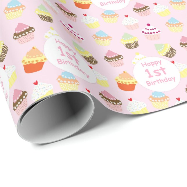 Papier Cadeau Joyeux 1er Anniversaire Cupcake Rose  (Coin rond)