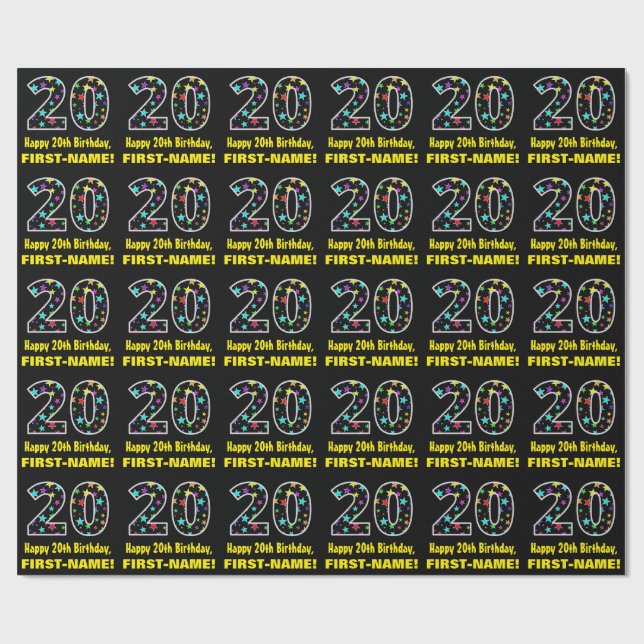 Papier Cadeau Joyeux 20e anniversaire, Fun Colorful Stars Motif  (Plat)
