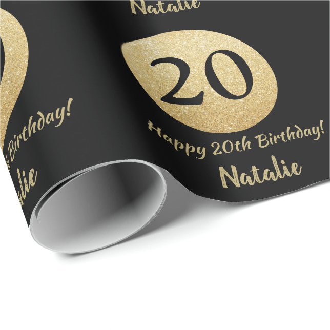Papier Cadeau Joyeux 20e anniversaire Parties scintillant Noir e (Coin rond)