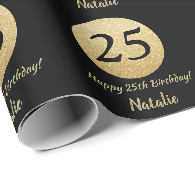 Papier Cadeau Joyeux 25e anniversaire Parties scintillant Noir e (Coin rond)