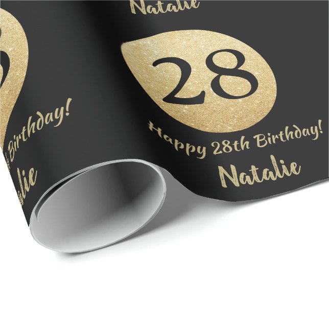 Papier Cadeau Joyeux 28e anniversaire Parties scintillant Noir e (Coin rond)