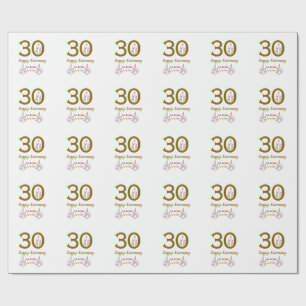 Papier Cadeau Joyeux 30e anniversaire nom date feuille rouge dor