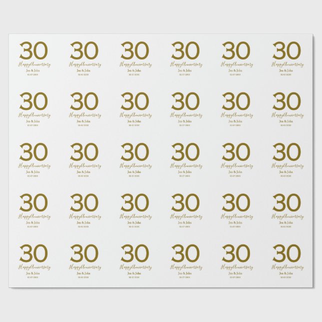 Papier Cadeau Joyeux 30e anniversaire nom date golden bold lette (Plat)