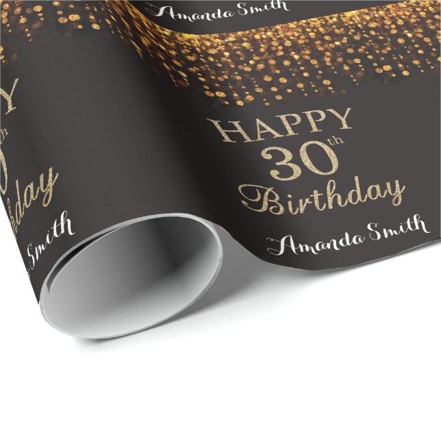 Papier Cadeau Joyeux 30e anniversaire Parties scintillant Noire  (Coin rond)