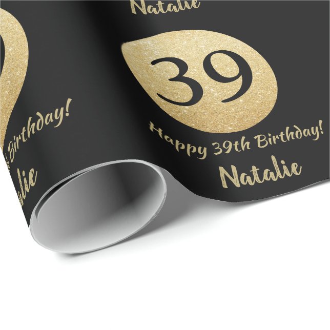 Papier Cadeau Joyeux 39e anniversaire Parties scintillant Noir e (Coin rond)