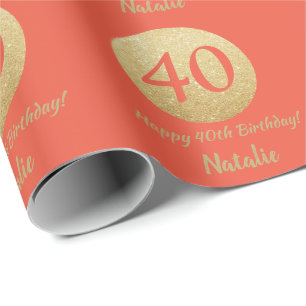 Papier Cadeau Joyeux 40e anniversaire Coral Orange and Gold Part