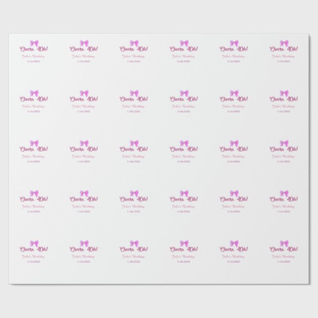 Papier Cadeau Joyeux 40e anniversaire nom date mauve rose ruban (Plat)