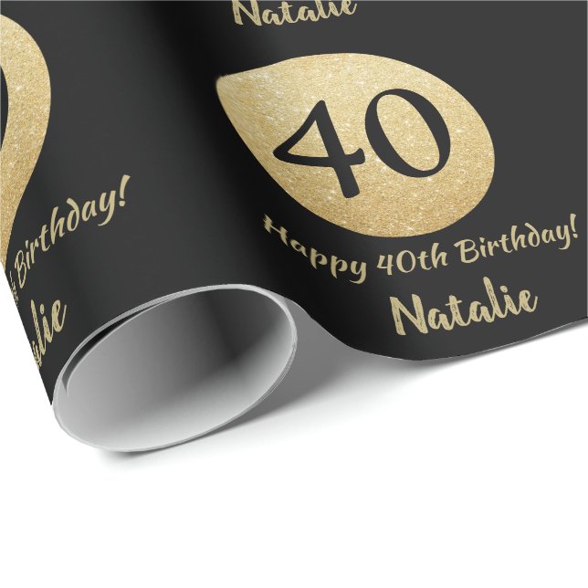 Papier Cadeau Joyeux 40e anniversaire Parties scintillant Noir e (Coin rond)