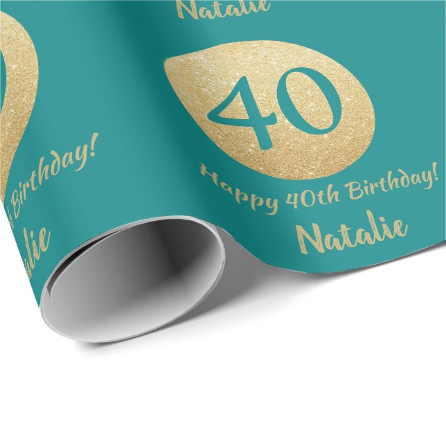 Papier Cadeau Joyeux 40e anniversaire Turquoise et Parties scint (Coin rond)