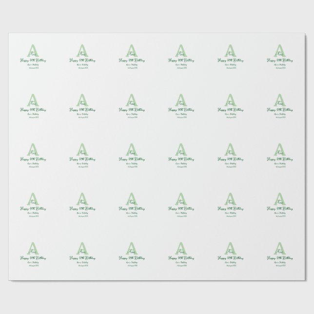 Papier Cadeau Joyeux 40e anniversaire vert ajouter nom monogramm (Plat)