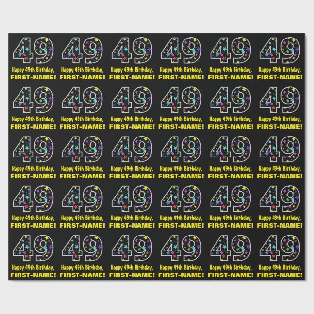 Papier Cadeau Joyeux 49e anniversaire, Fun Colorful Stars Motif  (Plat)