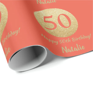 Papier Cadeau Joyeux 50e anniversaire Coral Orange et Parties sc