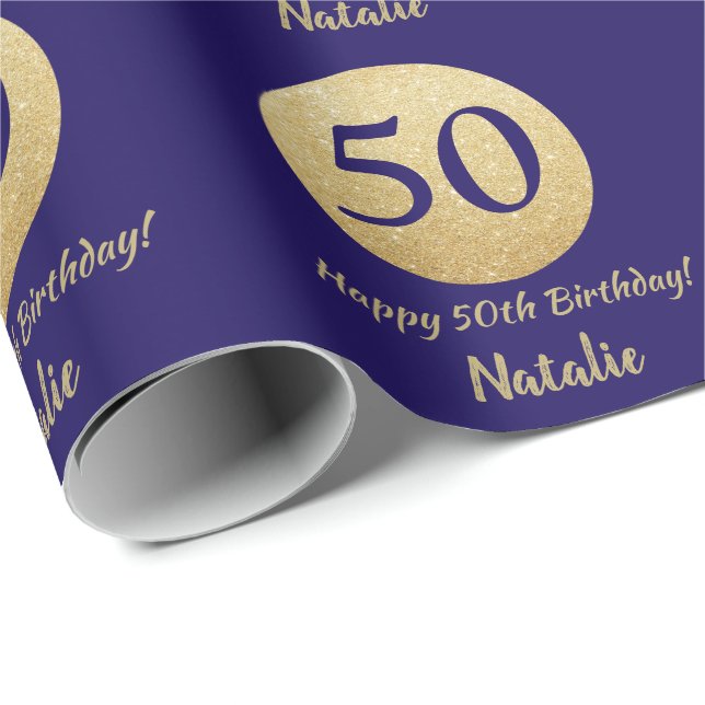 Papier Cadeau Joyeux 50e anniversaire Marine Parties scintillant (Coin rond)