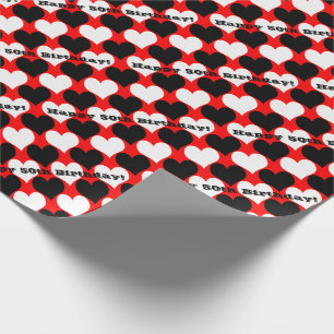 Papier Cadeau Joyeux 50e anniversaire Noir/Blanc/Coeurs rouges
