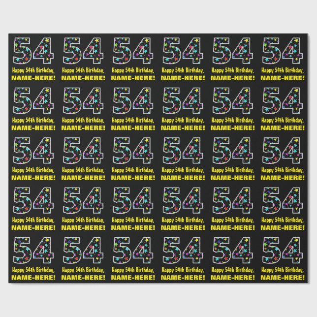 Papier Cadeau Joyeux 54e anniversaire, Fun Colorful Stars Motif  (Plat)